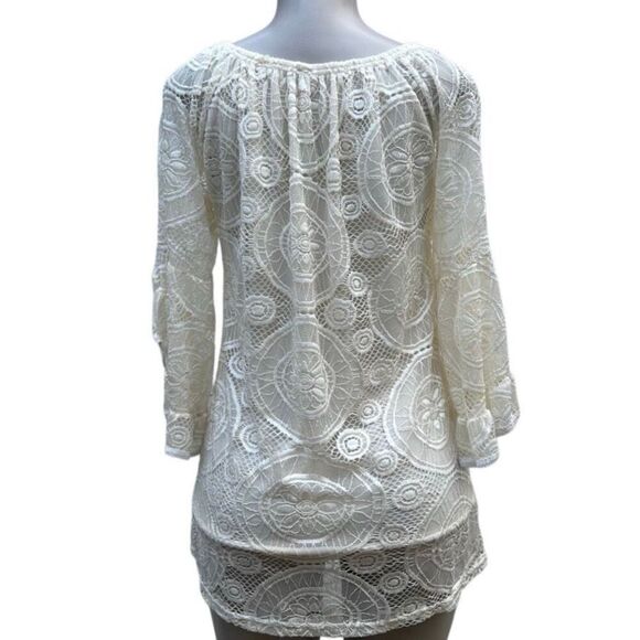 Lace Overlay Blouse Women's Small Cream Crochet Embroidered Ruffle Bell Sleeve - Picture 9 of 15